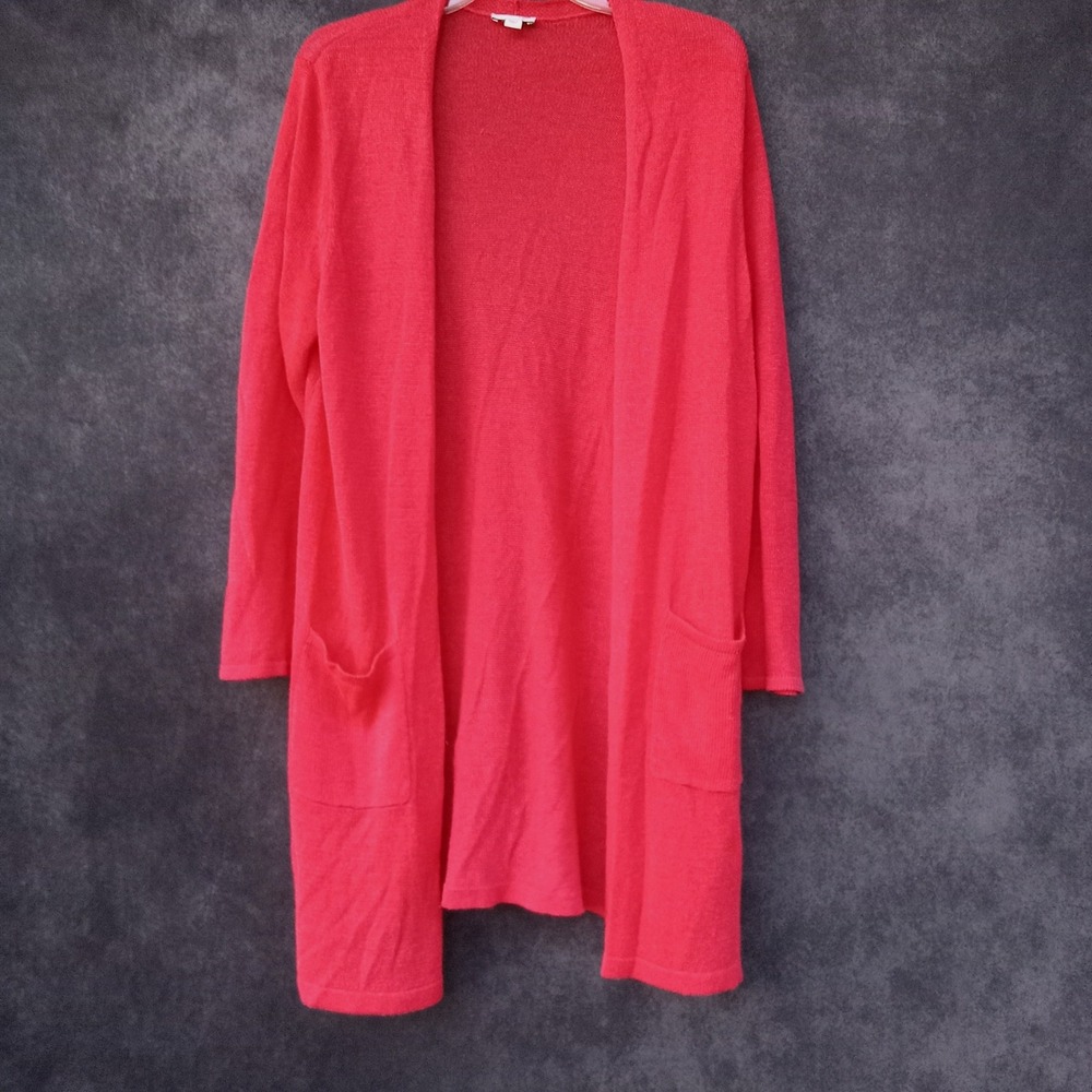 J.Jill Women's Open Front Coral Pink Red Linen Cardigan Sweater Sz. L Lagenlook